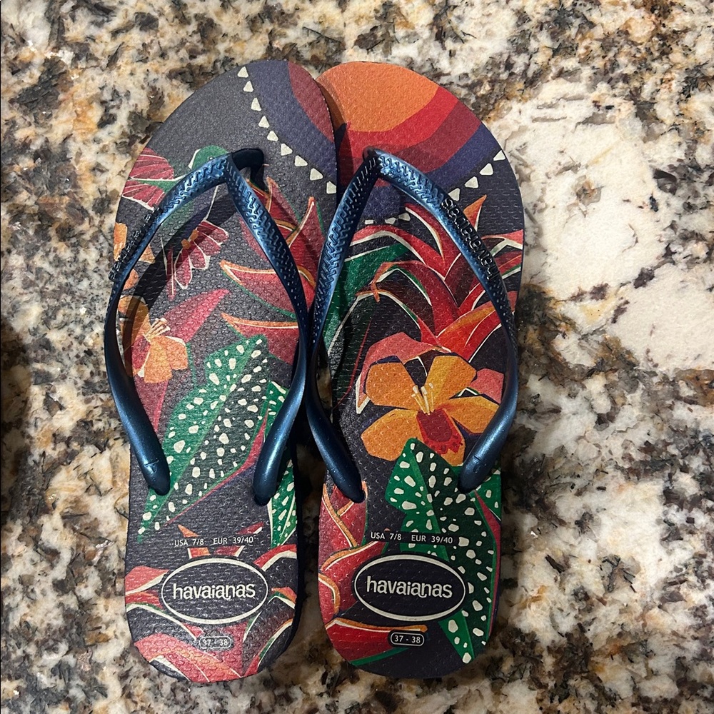 Havaianas Floral Tropical Flip Flops - metallic blue  Straps, Multicolor Print.
